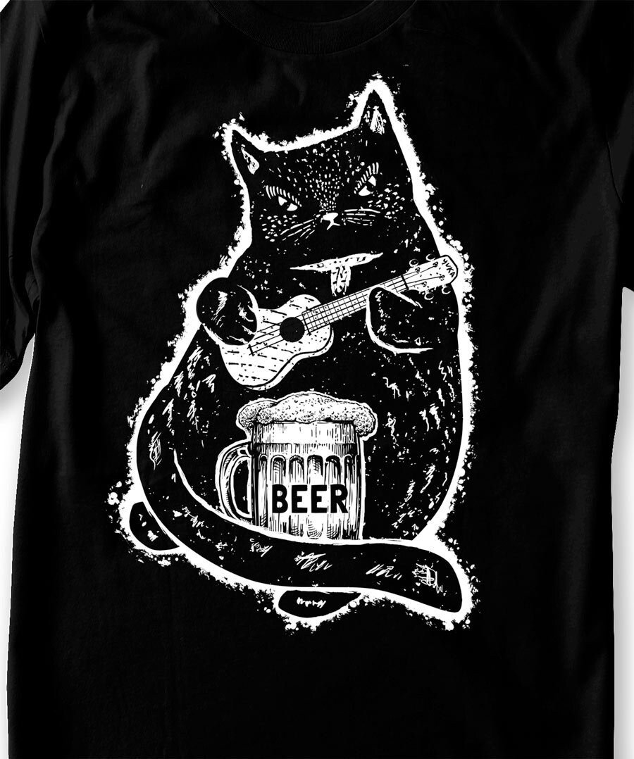 Katzen Shirt | Bier T-Shirt Ukulele Gitarre Trinkende Katze Geschenk Männer Größen - Hand Siebdruck Katzen Shirt | Bier T-Shirt Ukulele Gitarre Trinkende Katze Geschenk Männer Größen - Hand Siebdruck von neetoclothing
