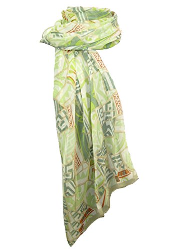 nella-mode Eleganter & Moderner feiner SEIDENSCHAL mit geometrischem Muster in zarten Farben: Hellgrün, Grün, Terracotta & Weiss; reine Seide, 170x50cm von nella-mode
