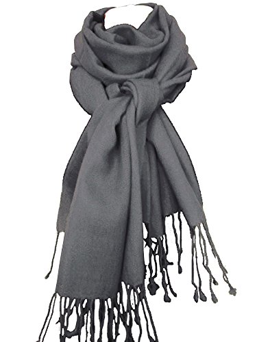 nella-mode XXL Wollschal (205x70 cm inkl Fransen); Feiner & weicher unifarbener Schal Tuch Stola aus 100% Wolle Damenschal in vielen Farben zur Auswahl (Dunkelgrau) von nella-mode