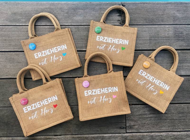 Abschiedsgeschenk Erzieherin Lehrerin Hebamme Kollegin Ect./Personalisierter Jute-Shopper Mit Button Herz von nelous