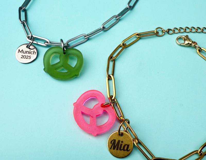 Armband + Brezelanhänger Coin Mit Wunschgravur/Acrylanhänger Viele Farben Münchner Fest Im Oktober Bff Jga Mädelstrip München Neon von nelous