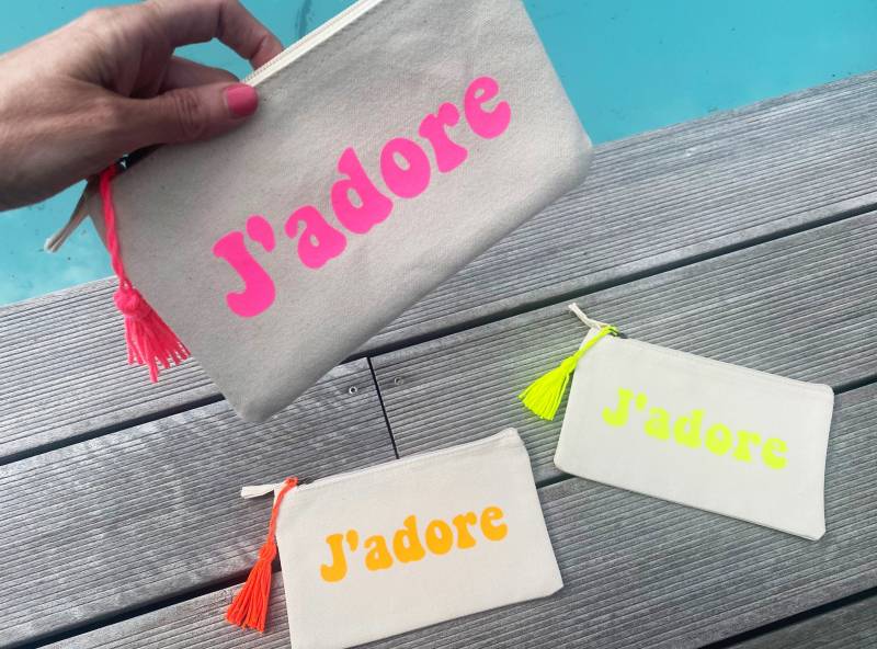 Kosmetiktasche J'adore/Neon Inkl. Farblich Passender Quaste Innen Botschaft Möglich Jadore Ciao More Amore Mädelstrip Jga Ibiza Partybag von nelous