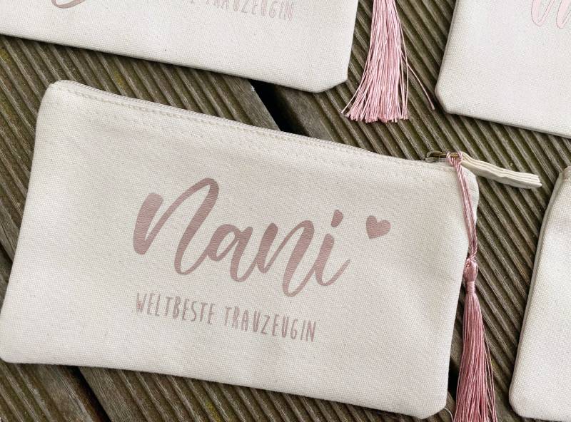 Personalisierte Kosmetiktasche Trauzeugin Braut Brautmutter Jga Gastgeschenk Erzieherin Abschiedsgeschenk Roségold Tassel Quaste Makeup Bag von nelous