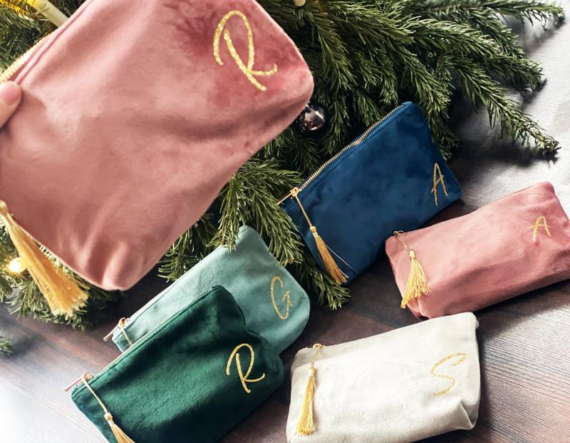 Personalisierter Kulturbeutel Samt Quaste Monogramm/Gold Jga Initialen Velvet Kosmetiktäschchen Schmucktäschchen Glitzer Kosmetiktasche von nelous