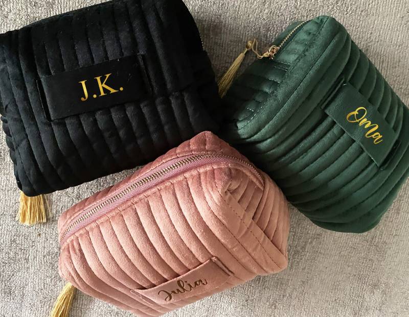 Personalisierte Kosmetiktasche Mit Quaste Aus Samt/Kulturbeutel 2 Größen Rosé Green Black Oma & Opa Geschenk Jga Braut von nelous