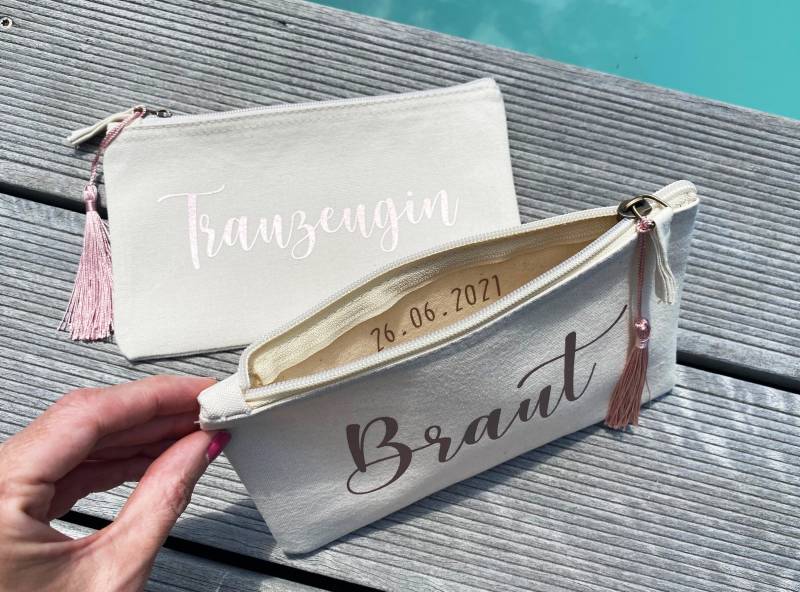Personalisierte Kosmetiktasche Trauzeugin Mit Botschaft + Quaste/Braut Brautmutter Oma Patentante Tante Schwester Roségold von nelous