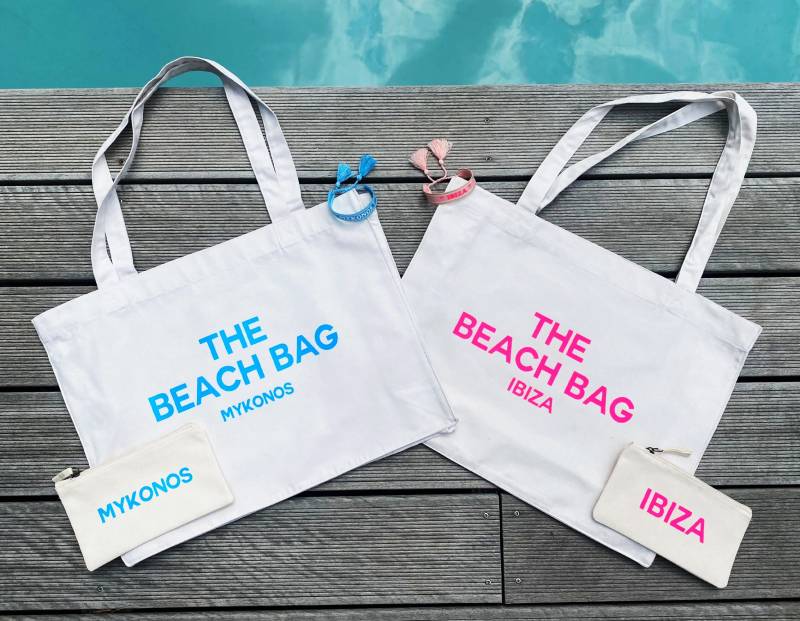 Tote Bag/Armband Kosmetiktasche Boho Neon Ibiza Mykonos Summer Vibes Quaste Personalisiert Set Urlaub Holiday Beach von nelous