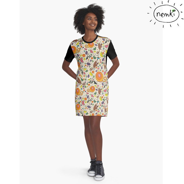 Affen Und Obst Gemustertes T-Shirt Kleid, Casual Fit von nemki