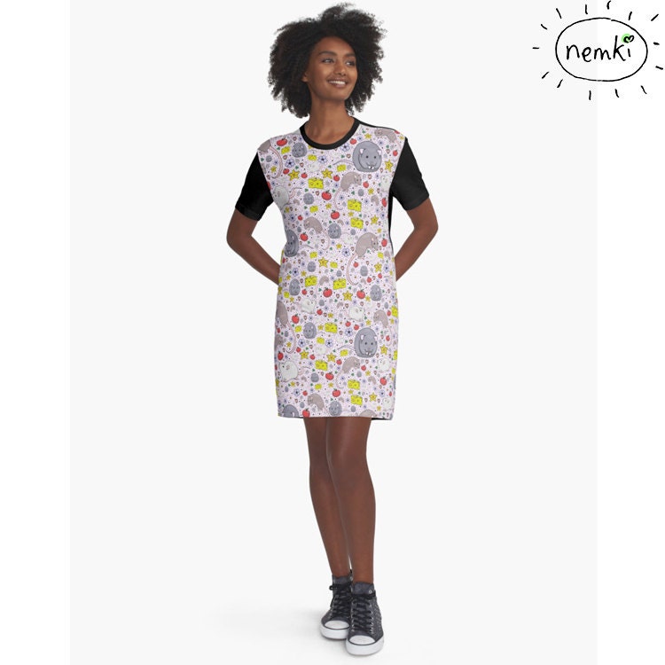 Ausgefallenes Ratten Muster T-Shirt Kleid, Casual Fit von nemki