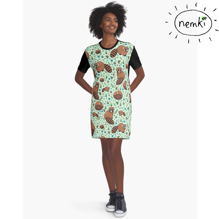 Roter Panda Gemustertes T-Shirt Kleid, Casual Fit von nemki