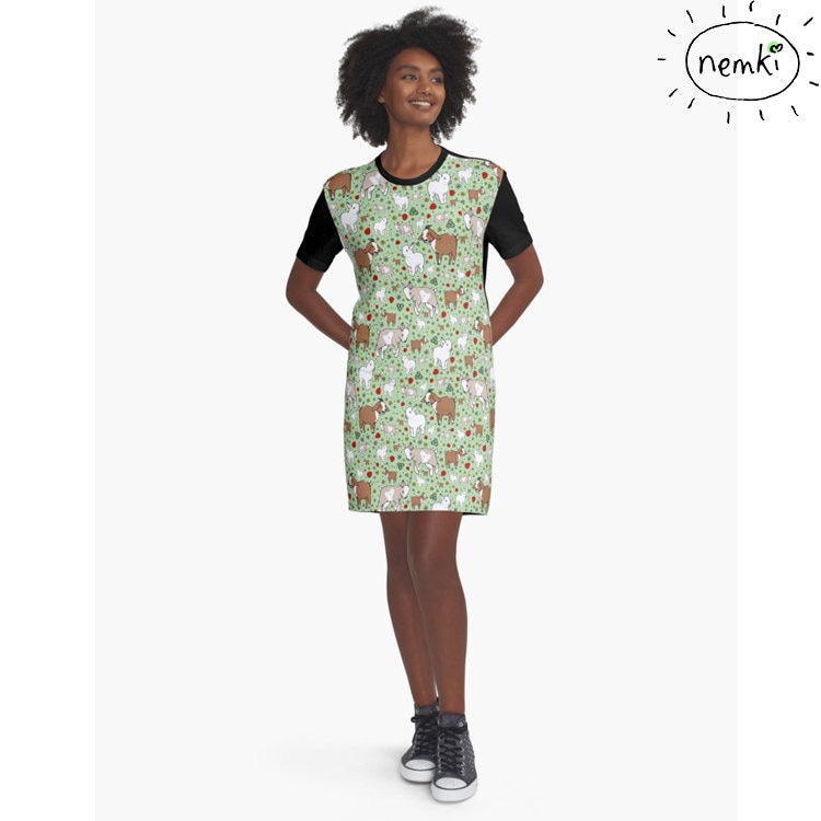 Ziege Gemusterten T-Shirt Kleid, Casual Fit von nemki