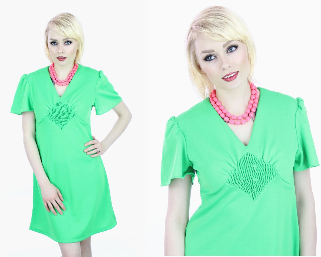Mod A-Linie Kleid Mini Lime Grün Babydoll Flutter Ärmel Sixtiey 70Er Jahre 60Er 1960Er 1970Er Retro S M Kleine Medium von neonthreadsdesigns