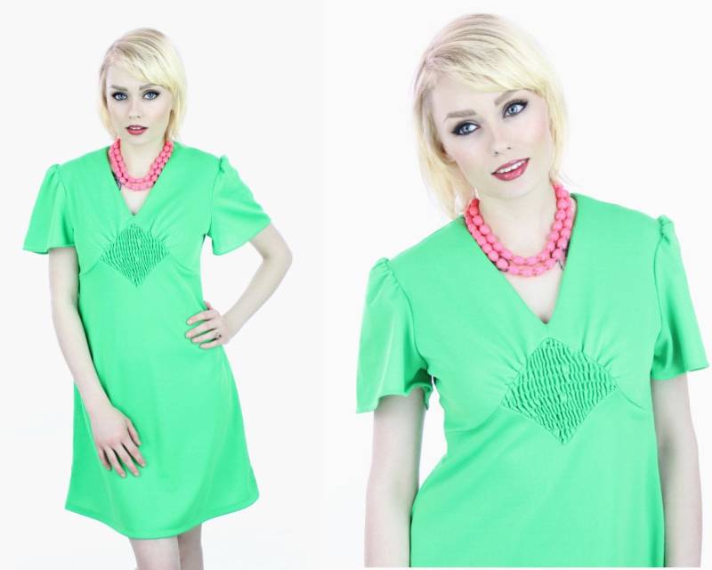 Mod A-Linie Kleid Mini Lime Grün Babydoll Flutter Ärmel Sixtiey 70Er Jahre 60Er 1960Er 1970Er Retro S M Kleine Medium von neonthreadsdesigns