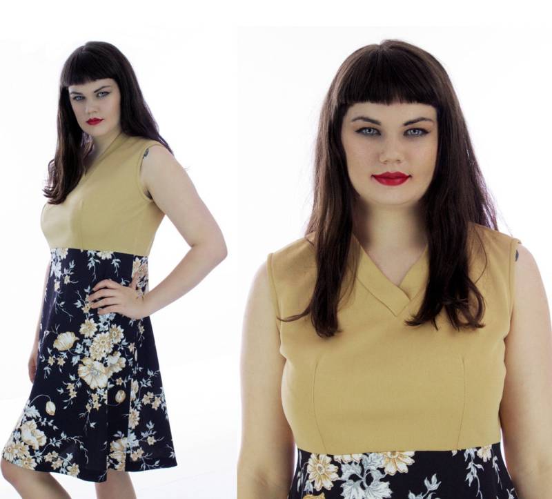 Mod Floral Kleid Abstrakte Braun Schwarz Tan 70Er Jahre 60Er Retro Mad Männer A-Linie Mini Große L von neonthreadsdesigns