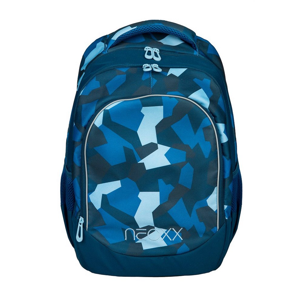 neoxx Schulrucksack Fly Schulrucksack 5. bis 12. Klasse (Set, 2-tlg., inkl. Schlamper-Mäppchen), Camo Nation Blau für Jungen und Mädchen von neoxx