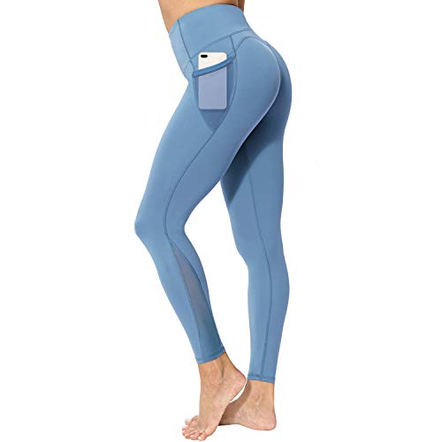 neppein Sport Leggings mit Taschen,Damen High Waist Blickdicht Leggings Sporthose Yogahose Fitnesshose, Blau, M von neppein