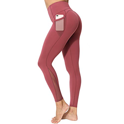 neppein Sport Leggings mit Taschen,Damen High Waist Blickdicht Leggings Sporthose Yogahose Fitnesshose, Weinrot, L von neppein