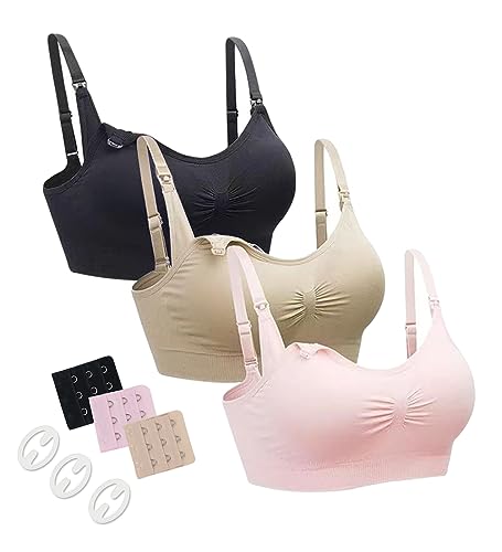 neppein Still BH 3Pcs Nahtloser Schwangerschafts BH Mit Abnehmbaren Untersetzer Und Zusätzlichen BH-Verlängerungen für Damen, Ohne Bügel,Rosa/Schwarz/Beige,S von neppein