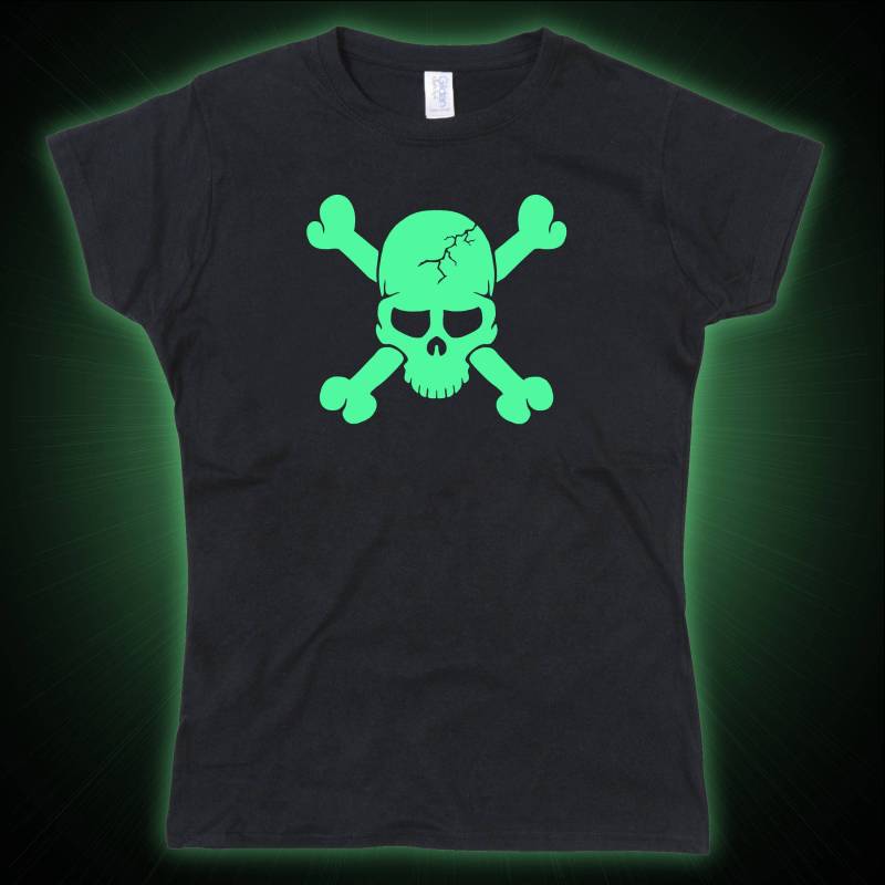 Damen Skeleton Skull Crossbones Halloween Glow in The Dark Tshirt von nerdkeyz