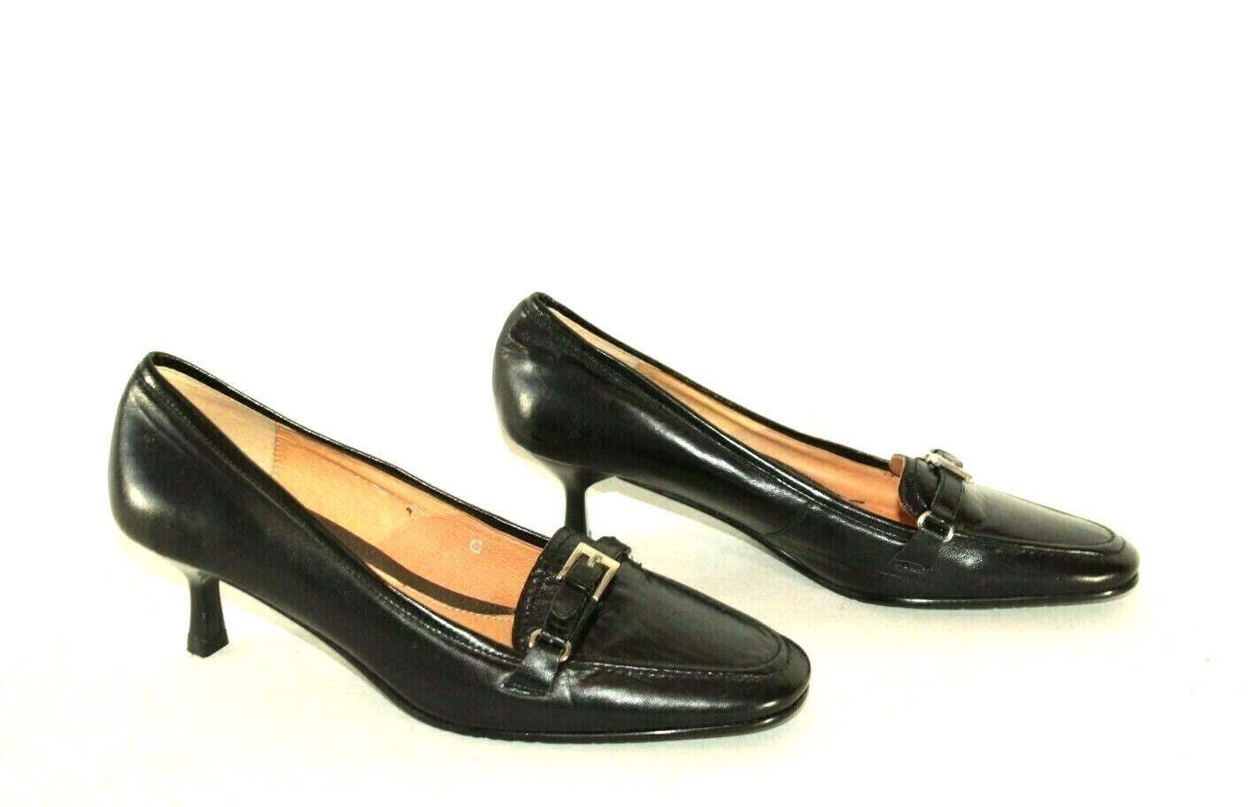 Schwarzes Leder Twins Slip Runde Schuhspitze Mid Heel Arbeit Büroschuhe Größe 4/37 von neringasvintageshop