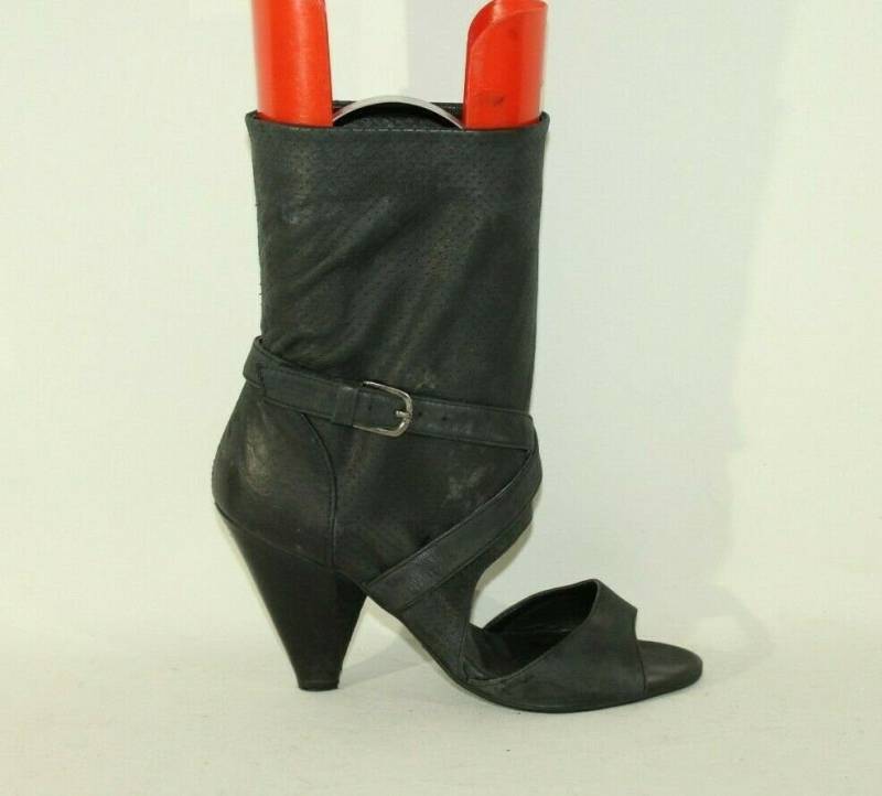 Vintage Damen Grau Schwarz Leder Next Pull Auf Offenes Spielzeug Mitte Kalb Schuhe Stiefel Sz 5/38 von neringasvintageshop