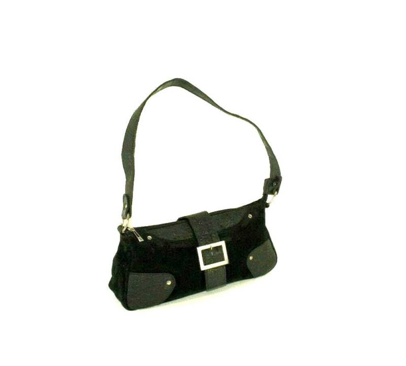 Vintage Damen Schwarz Wildleder & Crock Print Look Leder Magnet Snap Handtasche Tote Schultertasche von neringasvintageshop