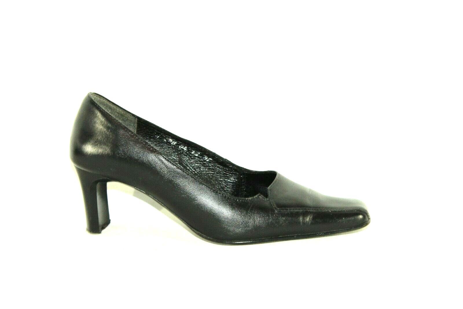 Vintage Damen Schwarzes Leder Marco Slip On Party Casual Hofschuhe Mid Heel Schuhe Sz 4/37 von neringasvintageshop