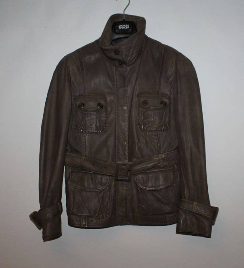 Vintage Grau Braun Leder Next Zip Gürtel Hüftlänge Ausgestattet Biker Jacke Größe 12/40 von neringasvintageshop