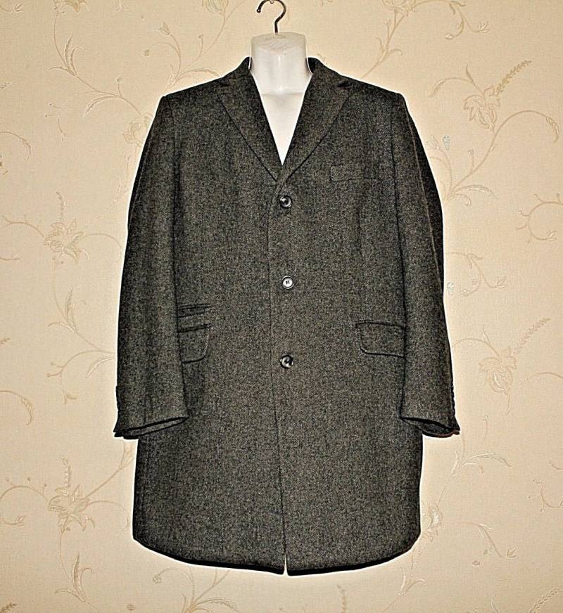 Vintage Grau Fischgrät Wolle Avenue Foch Knopf Zugeschnitten Passen Mantel Jacke Blazer in Größe 50 von neringasvintageshop