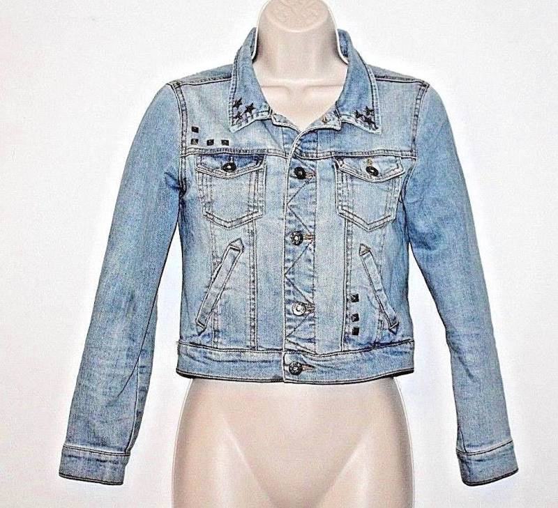 Vintage Hellblauer Denim Wow Knopf Nieten Taille Länge Jacke Blazer Größe Xs von neringasvintageshop