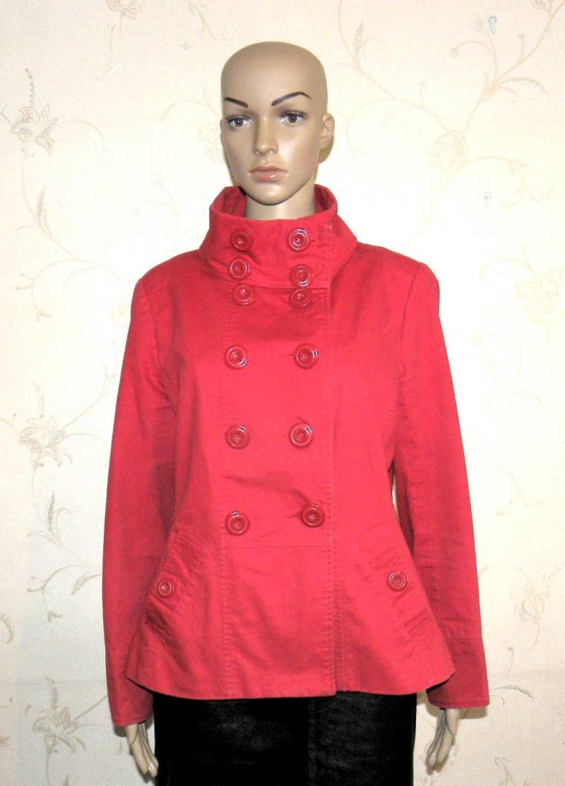 Vintage Roter Denim Neuer Look Knopf Ausgestattet Militär - Hüft-Länge Jacke Blazer Größe 14/42 von neringasvintageshop