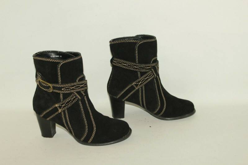 Vintage Schwarz Wildleder X-It Pull On Stitch Runde Zehe Mid Heel Casual Ankle Boots Größe 5 /38 von neringasvintageshop