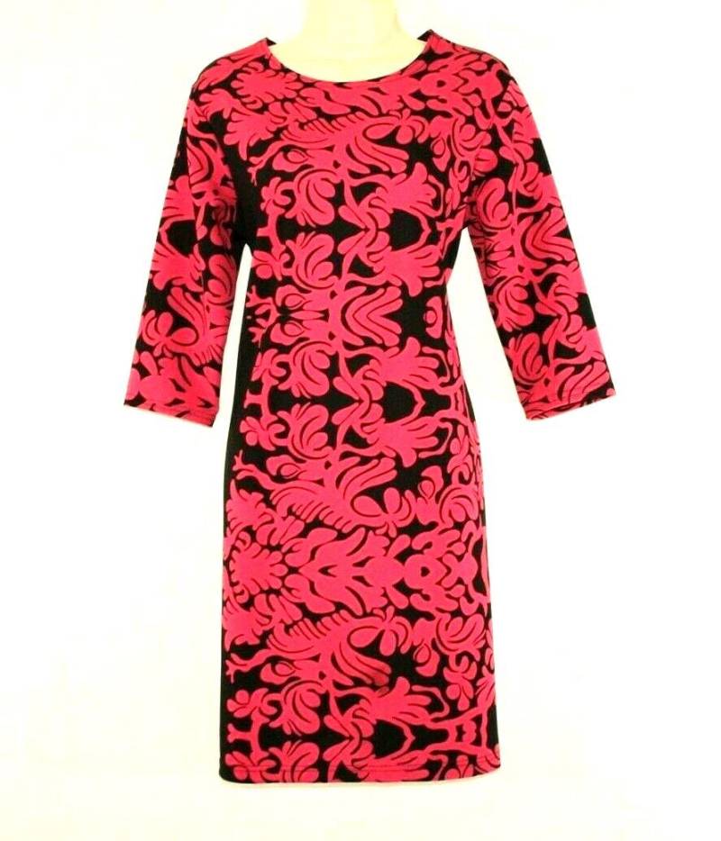 Vintage Schwarz & Rot Stoff Stretch 3/4 Ärmel Knie Länge Party Casual Kleid Größe 16 /46 von neringasvintageshop