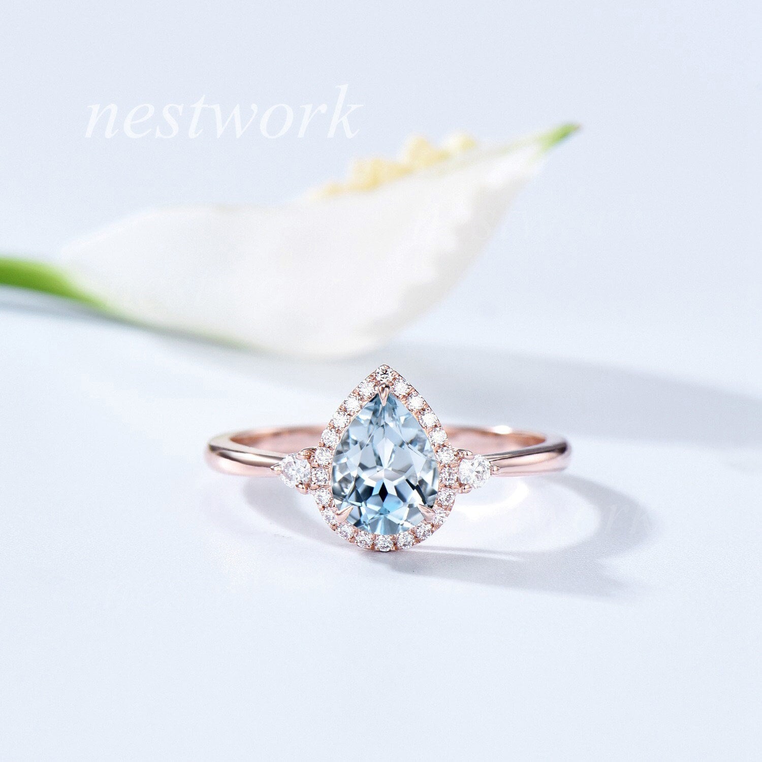 Blauer Aquamarin Ring Gold Pear Shaped Verlobungsring Halo Unikat Roségold Vintage Diamant Ehering Frauen von nestwork