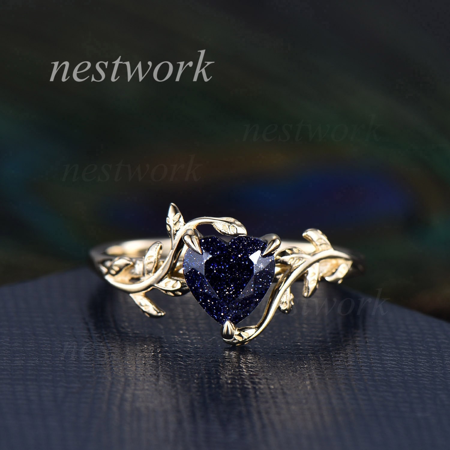 Herzförmiger Blauer Sandstein Ring Gold Silber Vintage Verlobungsring Blatt Solitär Unikat Ehering Geschenk von nestwork