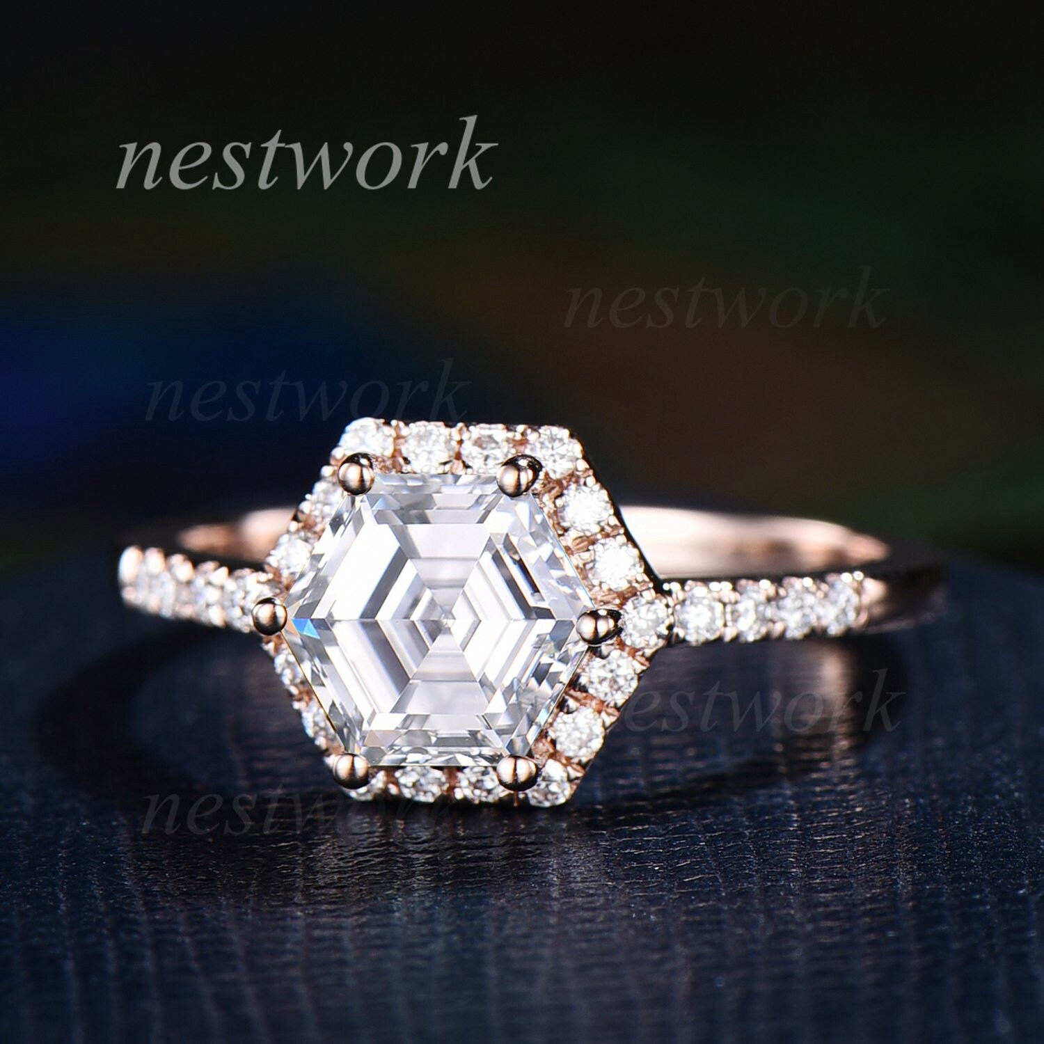 Hexagon Moissanit Verlobungsring Vintage 14K Roségold Halo Ring Unikat Diamod Brautring Jahrestag Geschenk Frauen von nestwork