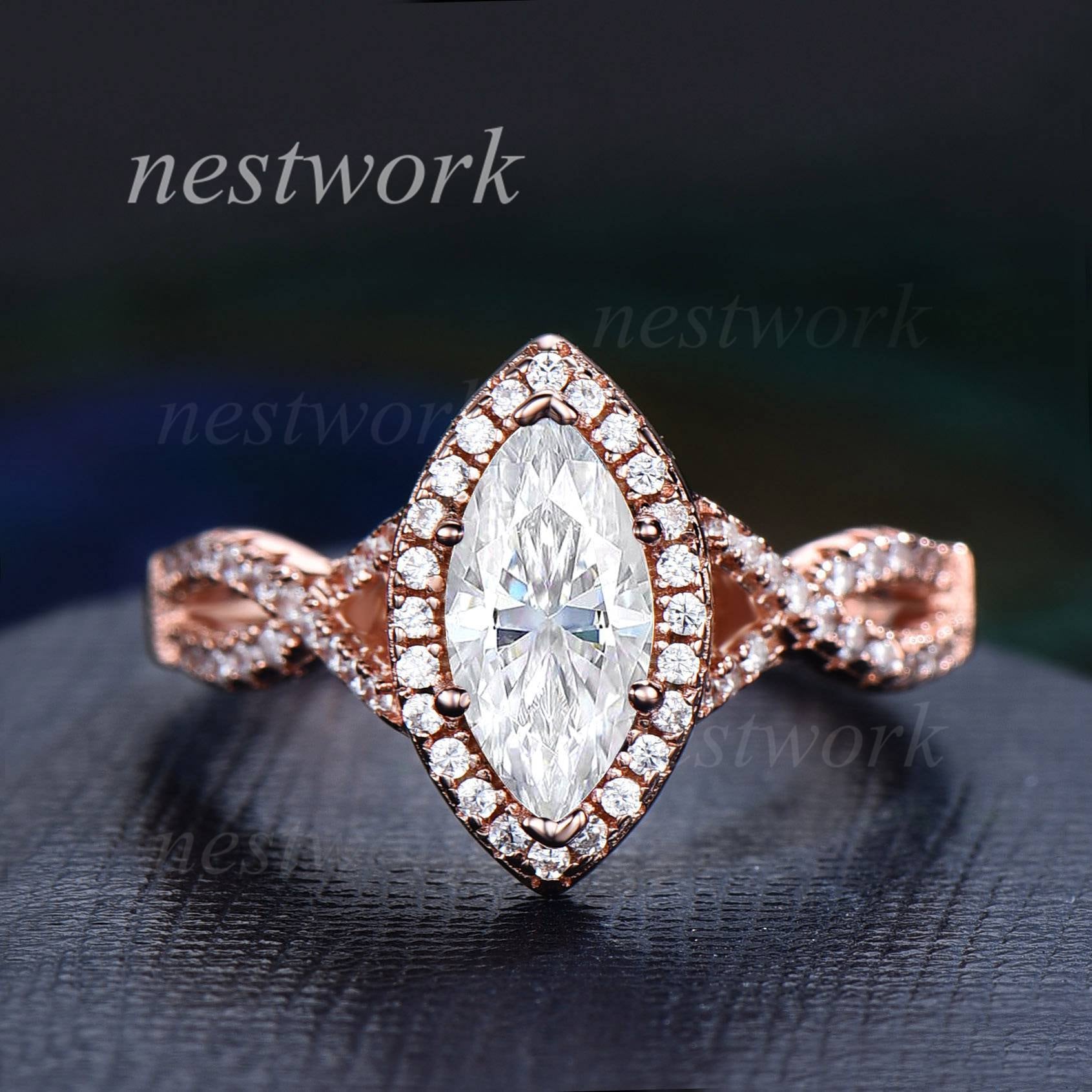 Marquise Moissanit Verlobungsring Halo Diamant Twisted Ehering Für Frauen Vintage Rose Gold Split Shank Jahrestag Ring von nestwork