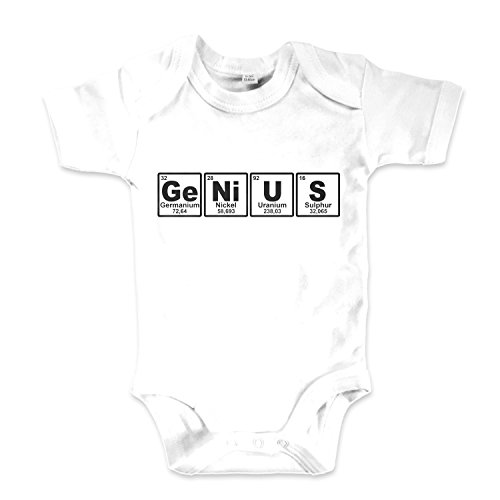 net-shirts Organic Baby Body aus Bio-Baumwolle mit Genius Aufdruck Strampler Statement Chemie Periodensystem Chemische Elemente Sheldon, Größe 12-18 Monate, Weiß von net-shirts