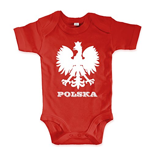 net-shirts Organic Baby Body aus Bio-Baumwolle mit Polska Eagle Oldschool Aufdruck Fußball Fan WM EM Strampler, Größe 3-6 Monate, rot von net-shirts