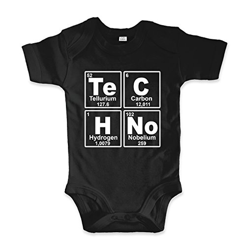 net-shirts Organic Baby Body aus Bio-Baumwolle mit Techno Aufdruck Strampler Electro Minimal Trance Chemie Periodensystem Periodic System Chemische Elemente, Größe 6-12 Monate, Schwarz von net-shirts