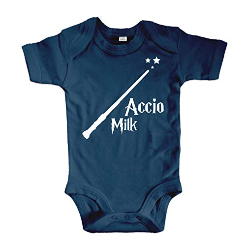 net-shirts Organic Baby Body mit Accio Milk Aufdruck Spruch Motiv süß Cute Strampler aus Bio-Baumwolle Inspired by Harry Potter, Größe 0-3 Monate, Navy von net-shirts