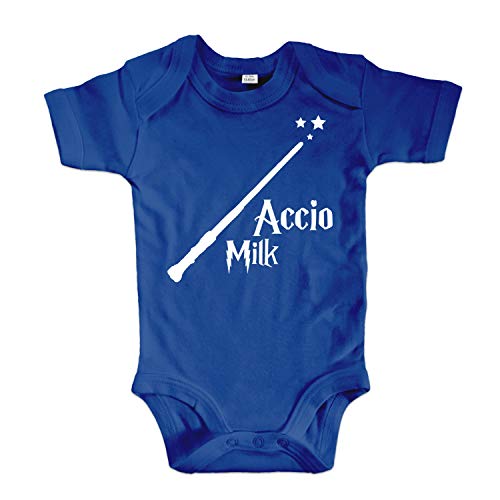 net-shirts Organic Baby Body mit Accio Milk Aufdruck Spruch Motiv süß Cute Strampler aus Bio-Baumwolle Inspired by Harry Potter, Größe 0-3 Monate, blau von net-shirts