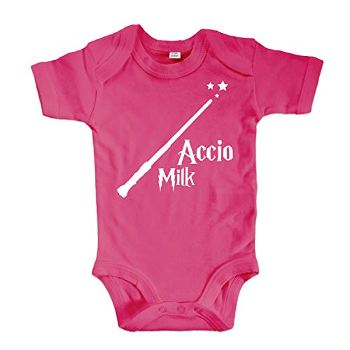 net-shirts Organic Baby Body mit Accio Milk Aufdruck Spruch Motiv süß Cute Strampler aus Bio-Baumwolle Inspired by Harry Potter, Größe 0-3 Monate, pink von net-shirts