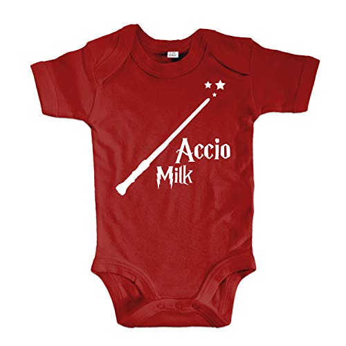 net-shirts Organic Baby Body mit Accio Milk Aufdruck Spruch Motiv süß Cute Strampler aus Bio-Baumwolle Inspired by Harry Potter, Größe 3-6 Monate, rot von net-shirts