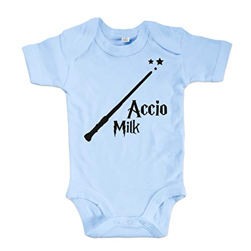 net-shirts Organic Baby Body mit Accio Milk Aufdruck Spruch Motiv süß Cute Strampler aus Bio-Baumwolle Inspired by Harry Potter, Größe 6-12 Monate, hellblau von net-shirts