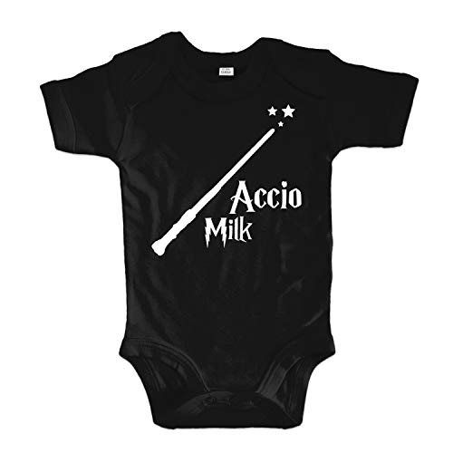 net-shirts Organic Baby Body mit Accio Milk Aufdruck Spruch Motiv süß Cute Strampler aus Bio-Baumwolle Inspired by Harry Potter, Größe 6-12 Monate, schwarz von net-shirts