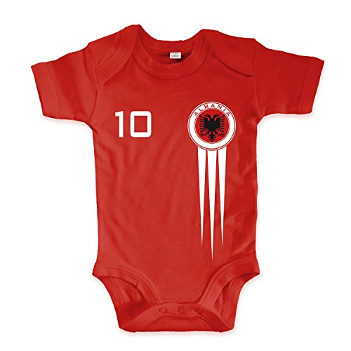 net-shirts Organic Baby Body mit Albania Albanien Shqipëria Trikot Aufdruck Fußball Fan WM EM Strampler - Spielernummer wählbar, Größe 06-12 Monate-Spielernummer 10 von net-shirts