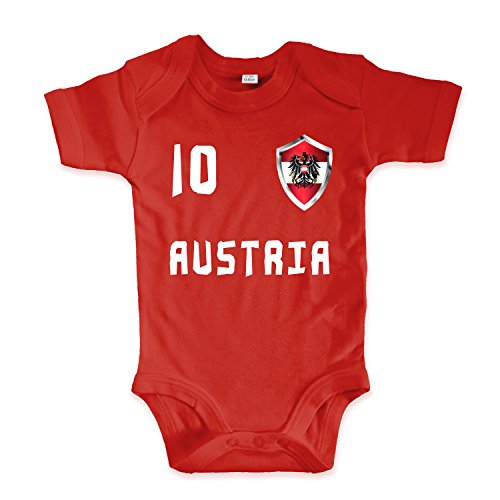 net-shirts Organic Baby Body mit Austria Österreich Trikot 02 Aufdruck Fußball Fan WM EM Strampler - Spielernummer wählbar, Größe 00-03 Monate-Spielernummer 09 von net-shirts