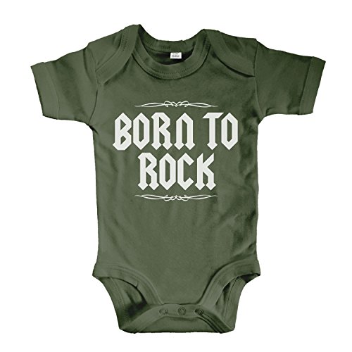 net-shirts Organic Baby Body mit Born to Rock Aufdruck Rock n Roll Heavy Metal Strampler Babybekleidung aus Bio-Baumwolle mit Zertifikat, Größe 3-6 Monate, Oliv von net-shirts