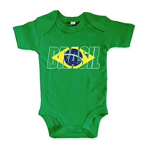 net-shirts Organic Baby Body mit Brasilien Brasil Brazil Flagfont Aufdruck Fußball WM EM Strampler Babybekleidung aus Bio-Baumwolle mit Zertifikat, Größe 0-3 Monate, grün von net-shirts